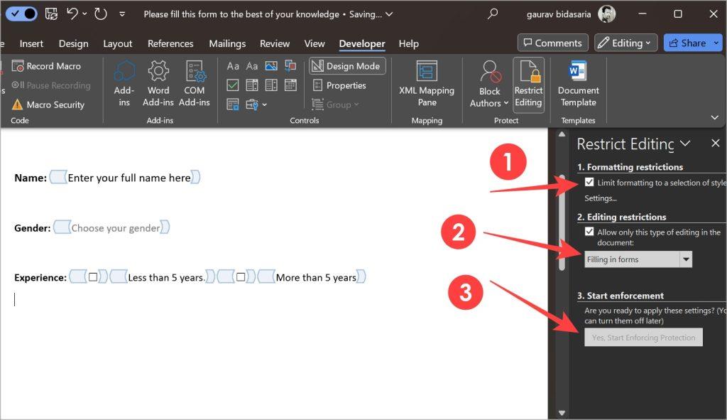 如何在 Microsoft Word 中建立可填寫的表單
