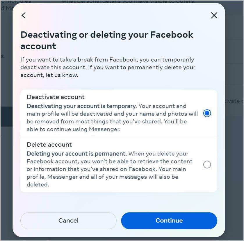 刪除或停用 Facebook 後會發生什麼