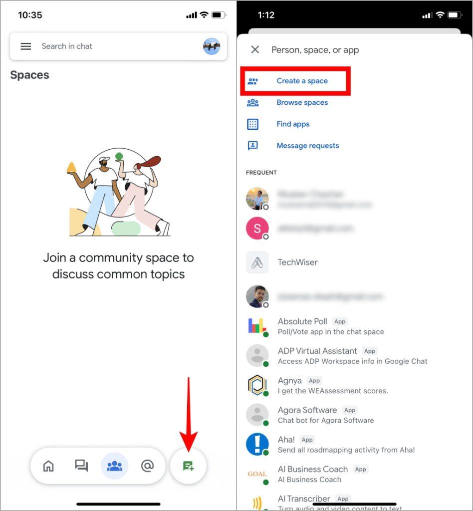 如何在行動裝置上的 Google Chat 中建立空間