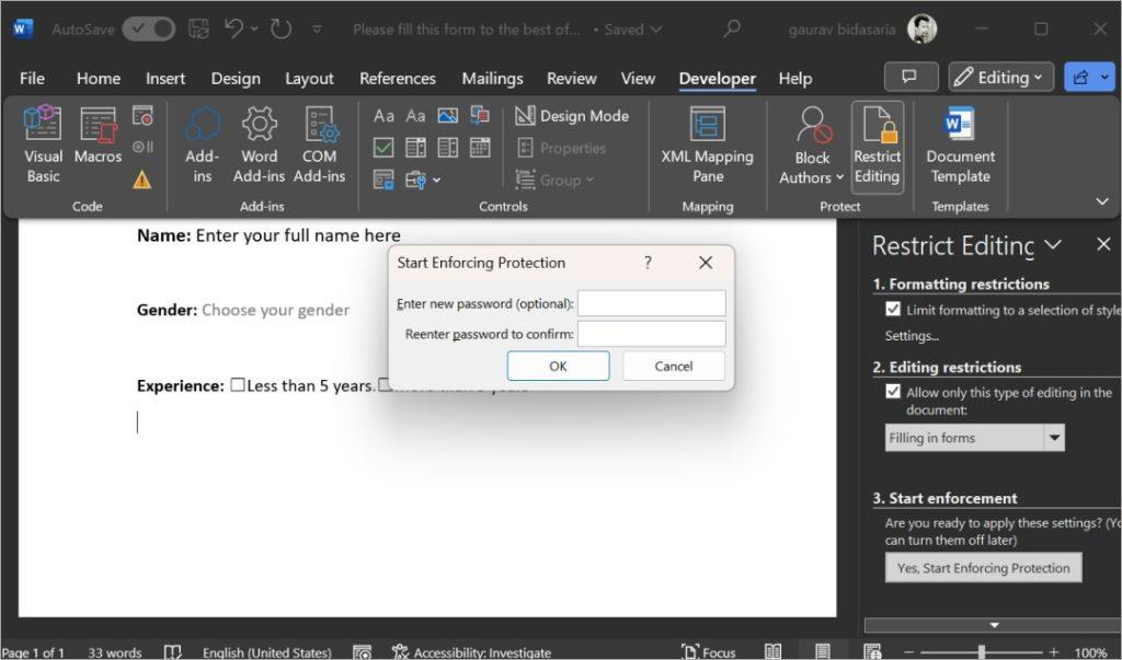 如何在 Microsoft Word 中建立可填寫的表單