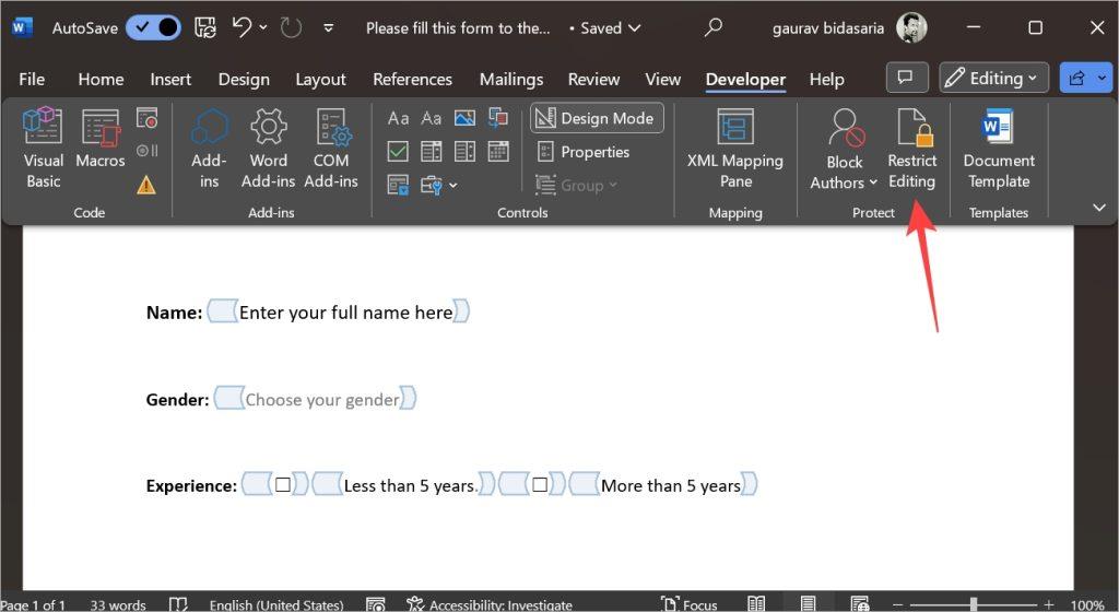 如何在 Microsoft Word 中建立可填寫的表單
