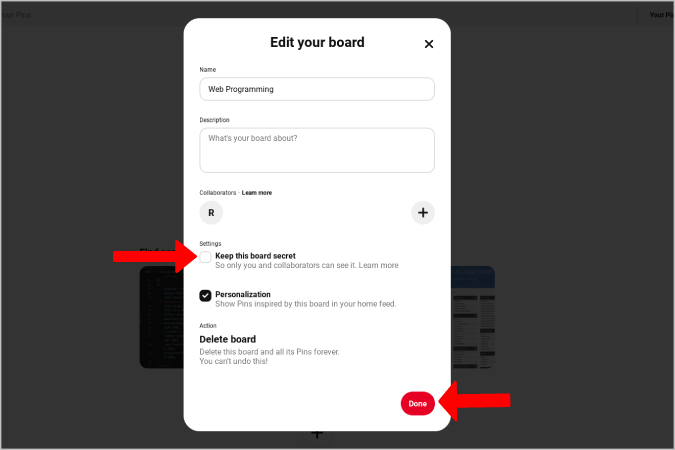 如何在桌面和行動裝置上將 Pinterest 板設定為私有
