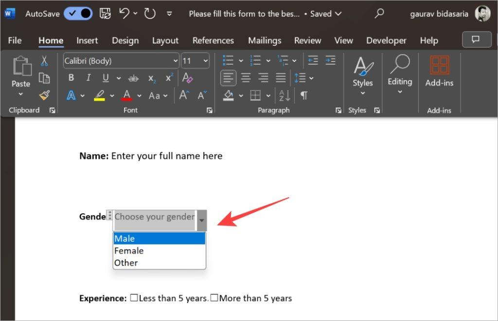 如何在 Microsoft Word 中建立可填寫的表單